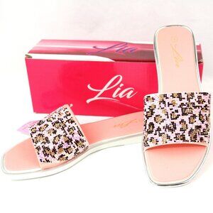 NEW Lia Pink Leopard Rhinestone Sparkle Rubber Sole Sandals Slip Ons Slides 8